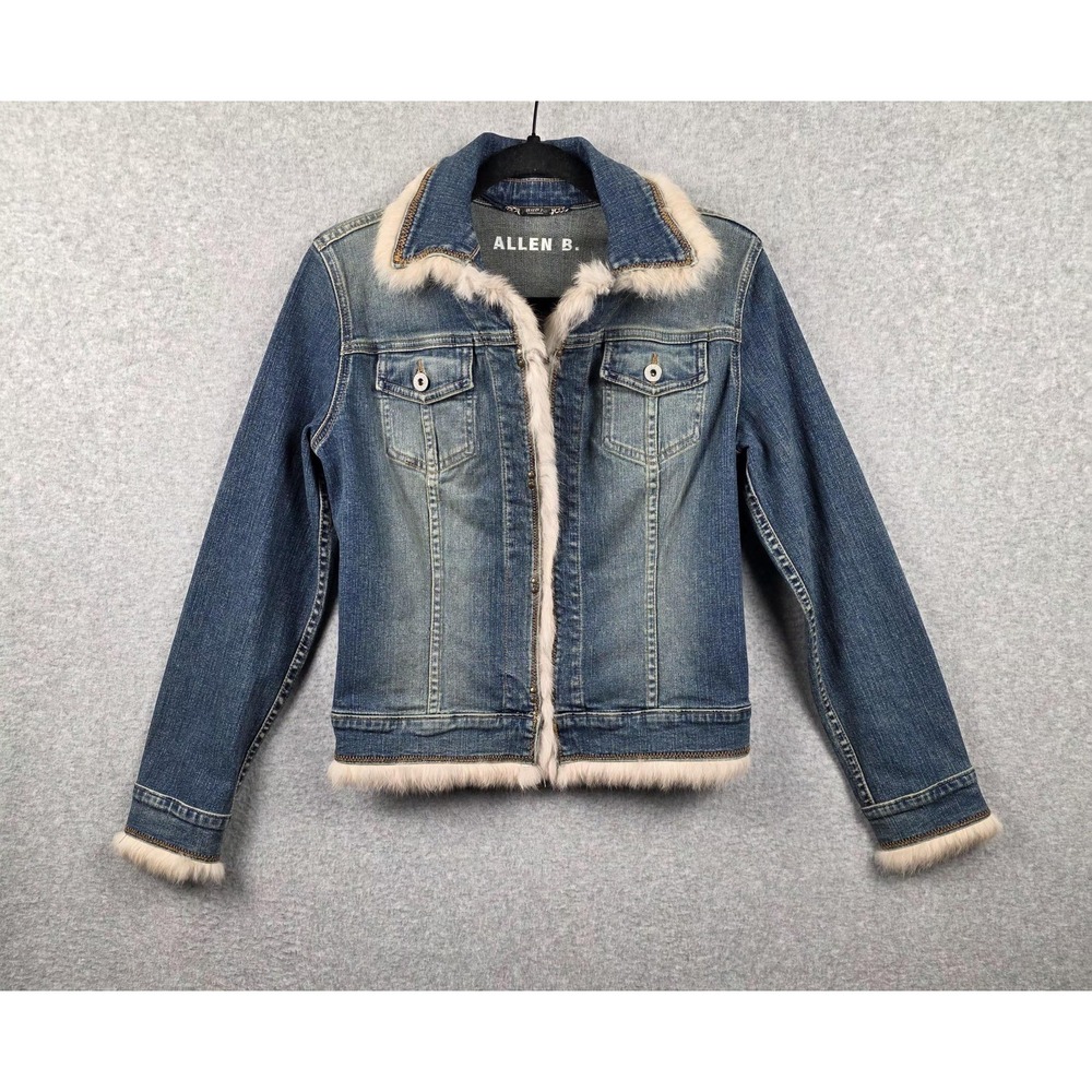 Allen B. By Allen Schwartz Jacket Womens Small Blue Denim Faux Fur Trim Made USA